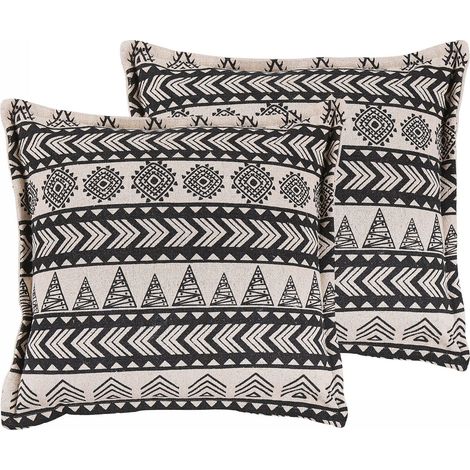 Lot de 2 Coussins Décoratifs Noir Beige Avec Motifs Bohème et Housse Amovible Pour Lit ou Canapé Design et Moderne ou Boho Beliani