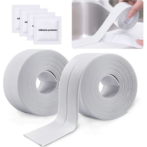 2 rollos de cinta autoadhesiva impermeable para sellado de paredes, ducha, inodoro, cocina y baño (blanca). (1/5)