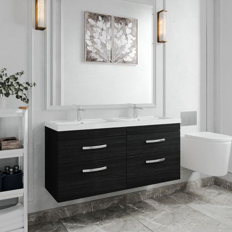 Nuie Athena Charcoal Black Woodgrain 1200mm Wall Hung 4 Drawer Vanity Unit and Double Polymarble Basins - ATH047C (1/5)