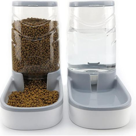 Automatic Cat Dog Food and Water Dispenser, Automatic Fountain Water, Cat Food Dispensers, Pet Bowl, 3.8L (Feeder Set, Grey)