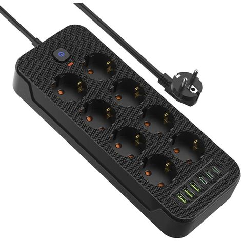 Steckdosenleiste mit Schalter, 8 Fach Mehrfachstecker mit Verlängerungskabel 2M, 3USB/3Type-c (5V/3.1A), Max. 250 V / 16A, Steckdosenleiste Überspannungsschutz 3840W/16A für zu Hause, Schwarz