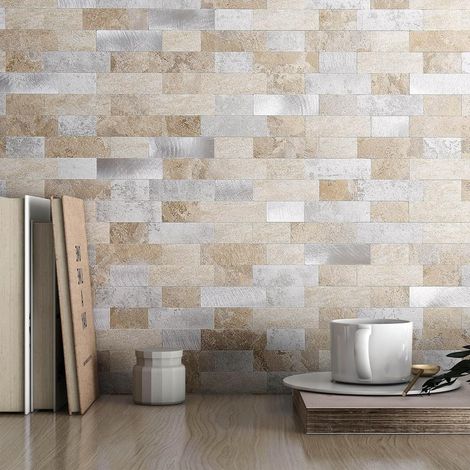 Lot de 10 carreaux de mosaïque autocollants en marbre - Carreaux muraux autocollants pour cuisine - Imperméables - Beige rouille (1/5)
