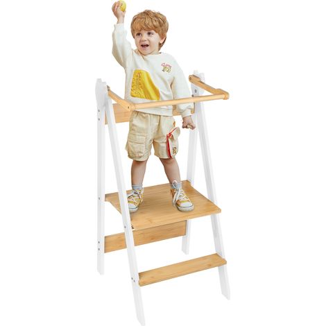 Haloyo® Torre di Apprendimento Pieghevole per Bambini Sgabello Montessori 3-in-1 (88x45x45 cm) Sicura e Regolabile Colore Bianco Per Cucina e Casa