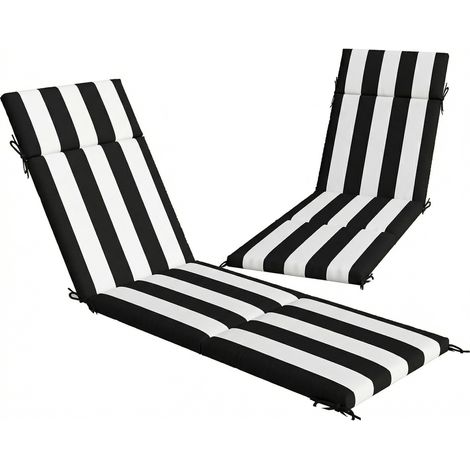 Set 2 Cuscini per Sedie da Esterno 183x54x6,5 cm con 6 Lacci di Fissaggio in Cotone Nero e Bianco (1/5)