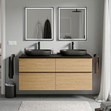 BERNSTEIN - Mobile lavabo sospeso MDF Rovere Miele, piano lavabo Nero Opaco, maniglia Antracite Opaco - 140x46x62cm - LAVOA	Antracite opaco, Rovere Miele Oro, Nero opaco