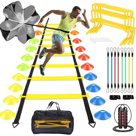 Kit d'entraînement de football : échelle de coordination, cônes, haies, parachute, corde à sauter (1/5)
