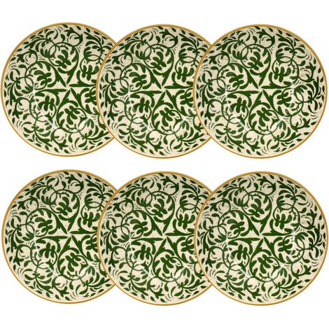 Lot de 6 assiettes creuses en grès 20cm – Motif floral méditerranéen – Compatible micro-ondes et lave-vaisselle – Finition beige élégante