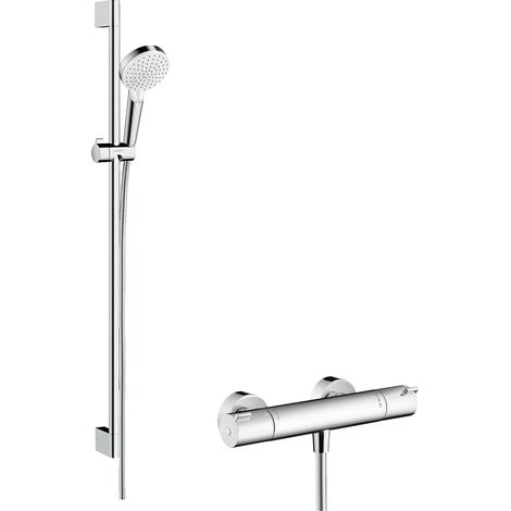 Hansgrohe – Colonne de douche thermostatique avec douchette à main – Jet Rain et IntenseRain – Barre de douche 90 cm – Flexible 1,6 m – 27813400