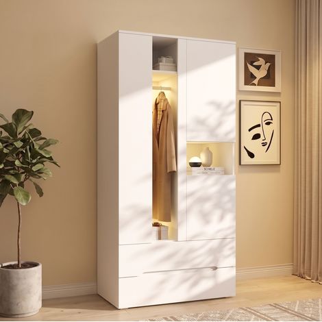 Kleiderschrank 90x50x200 cm, LED Licht, Kleiderstange und 6 Fächer, MDF und Glas, Weiß (1/5)
