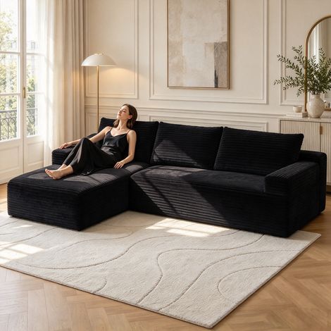 Canapé d'angle noir convertible réversible 263x171x 59cm, Canapé compressé combinaison libre, Canapé 4 places avec grande méridienne confortable (1/5)
