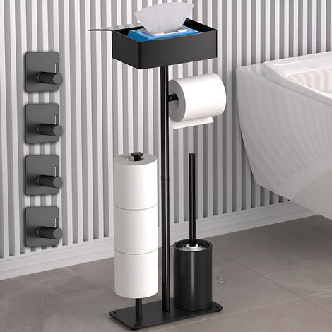 Toilettenpapierhalter, 4-in-1, modernes Design, multifunktional, Aufbewahrungsbox, Toilettenpapierhalter, Toilettenbürste, 4 Klebehaken inklusive, 60 x 24 x 12 cm, Metall, Edelstahl, Schwarz (1/5)