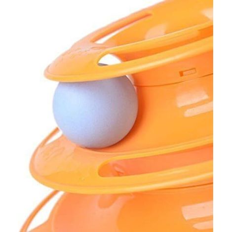Giocattolo interattivo per gatti con tre palline gialle, vassoio, ecologico e resistente, che stimola l'intelligenza e il divertimento di gatti e gattini. (1/4)