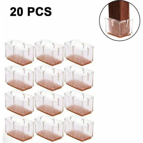 Confezione da 20 protezioni rettangolari in silicone trasparente per gambe di sedie, adatte a pavimenti in legno, con diametri da 39 a 48 mm. (1/4)