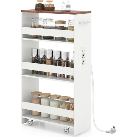 COSTWAY Carrello da Cucina a 4 Ripiani, Carrello in Legno con 4 Ruote Universali, Carrello Scaffale Stretto Salvaspazio con Manico per Bagno Ufficio, 47,5 x 20 x 80,5 cm (Marrone+bianco,con presa) (1/5)