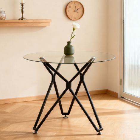 Table à manger ronde - 90x90x78 cm - En verre trempé - Design moderne pour 1-4 personnes - Pieds en métal - Noir (1/5)