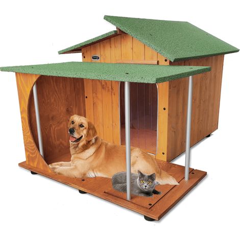 Cuccia in Legno per Cani da Esterno "Rinforzata" mod. Alpi con Veranda Tendina OMAGGIO MADE IN ITALY D - Pastore 102x146xH95 Tendina OMAGGIO