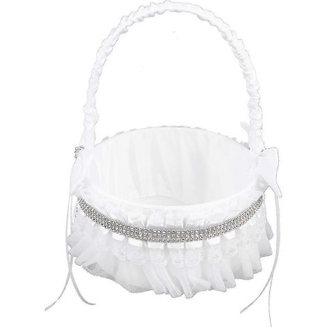 Cesta redonda romántica con diamantes de imitación, cesta de flores para boda de estilo occidental, cesta con lazo para la niña de las flores, suministros elegantes para la ceremonia de boda. (1/5)