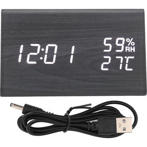 Réveil numérique en bois triangulaire avec commande vocale, horloge LED électronique pour chambre ou bureau, noir et bois, lettres blanches (1/5)