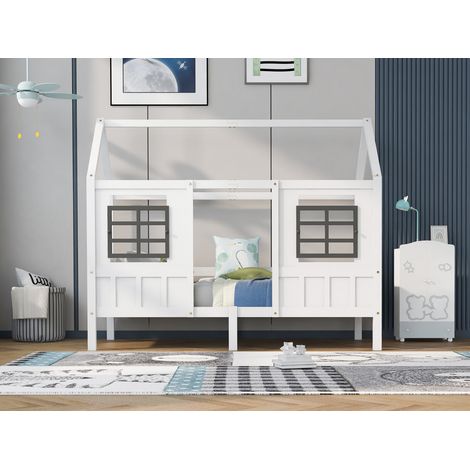 Letto a soppalco con 2 cassetti, letto singolo, divano letto, lettino per bambini con 2 finestre, struttura in pino, MDF, bianco (200x90 cm) (1/5)
