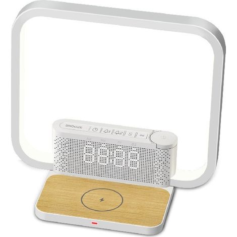 Lampada da comodino con caricabatterie wireless da 10 W, 2 sveglie, luce sveglia, alba, controllo touch a 3 livelli, 10 suoni rilassanti per dormire, luce notturna per camera da letto [Classe energeti (1/5)