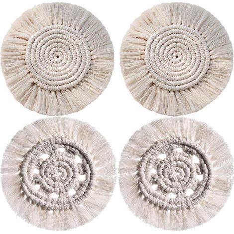 4Pcs Coaster Macrame Set, Fait à La Main sous-Verres Résistantes à la Chaleur Antidérapant Napperon Tresse De Coton en Tapis De Café Boisson Bière Tasse Boho Décoration De Table (1/4)