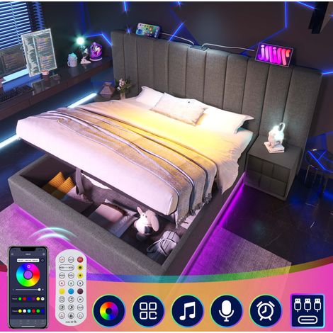 Letto contenitore imbottito 160x200 cm moderno in lino grigio con testiera, LED 360°, USB e USB-C, rete a doghe (1/5)