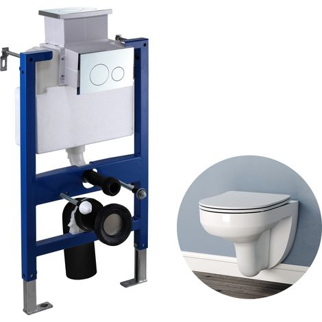 Rimless Wall Hung Toilet Round WC pan 0.82M Concealed Cistern Frame Set UF Soft Close Seat white (1/5)