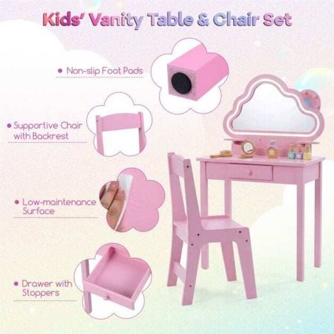 59 x 35 x 103,5 cm coiffeuse enfant 2-en-1 avec miroir LED nuage et tabouret, table d'écriture pour fille (1/5)