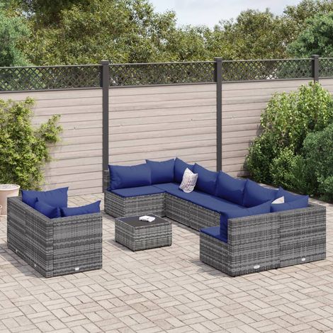 Set de sofás de jardín y cojines 10 pzas ratán sintético gris vidaXL (1/5)