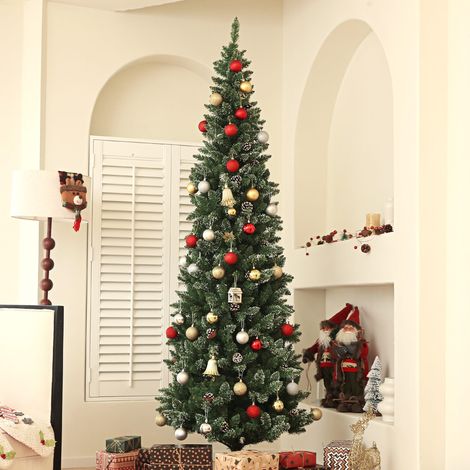 Albero di Natale Innevato Slim Alto 225 cm con 980 Rami, Albero di Natale Artificiale Pieghevole con Pigne e Base in Acciaio, Ø80x225 cm (1/5)
