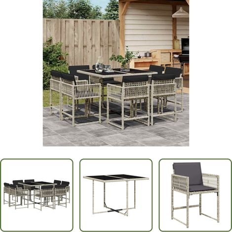 Chaises de jardin - Ensemble à manger de jardin et coussins 9 pcs gris clair rotin (1/5)