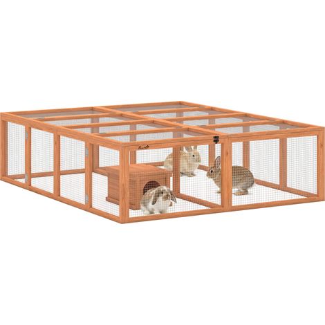 Holzgehege für den Außenbereich für Zwergkaninchen mit Unterstand und 2 Türen, 180 x 150 x 48 cm, ideal für 2-4 kleine Tiere, orange Farbe.