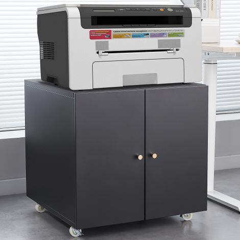 Imprimante mobile en métal noir avec support intégré, armoire de rangement à porte et étagère réglable – idéale pour bureau domestique et petits espaces