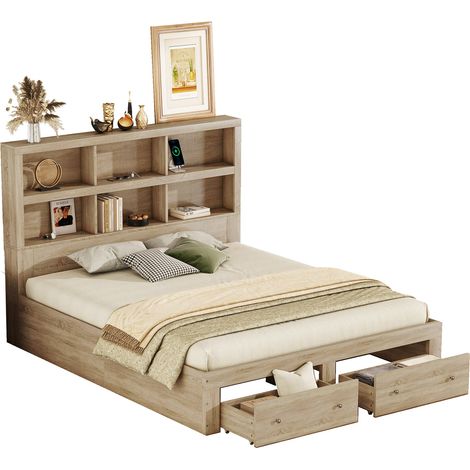 Letto con Cassetti Letto Matrimoniale, USB, 6 Ripiani e 2 Cassetti, 160×200 cm, senza Materasso, Truciolato, Naturale (1/5)