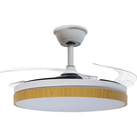 Ventilateur de plafond avec lumière et 3 pales rétractables en métal et acrylique blanc et naturel 53 x 106 x 106 cm (1/2)