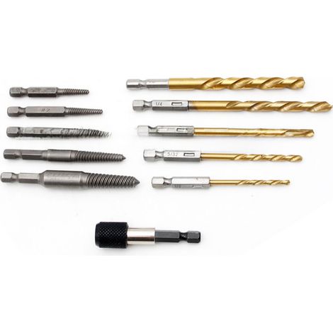 Juego 11 brocas acero alta velocidad extraer cables rotos, incluye broca helicoidal y herramienta tornillos cabeza rota, estuche plástico, stock disponible (1/5)
