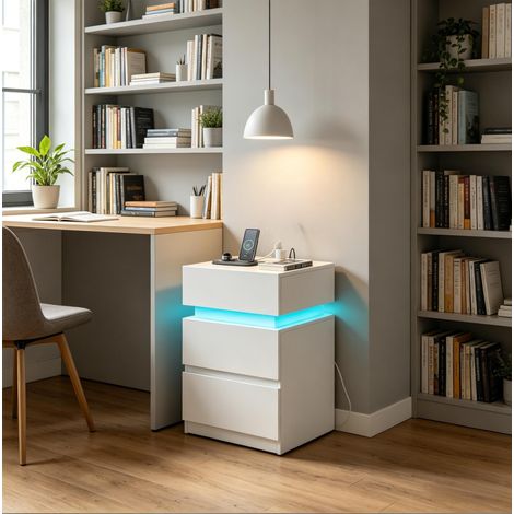 2er-Set Nachttische mit verstellbarer LED-Beleuchtung und Ladestation, Weiß HAVRYA (1/5)