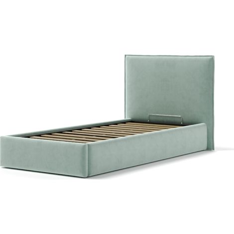letto singolo "zoom" in tessuto colore celeste con rete e contenitore, 90x190 cm