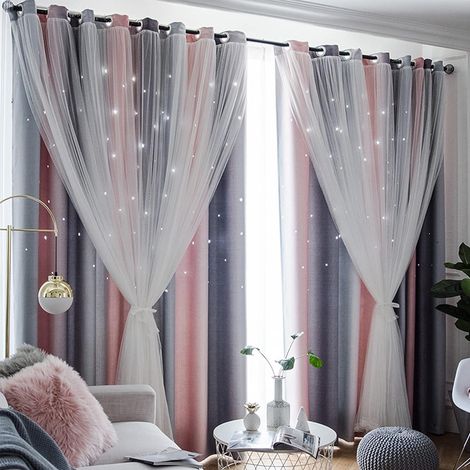 2 Pièces Rideau Occultant avec Blanc Voilages, Décoration de Fenêtre Couleurs Dégradé Motif Etoiles Perforées, Rideaux Chambre Fille -132 x 210cm, Rose + Gris (1/5)