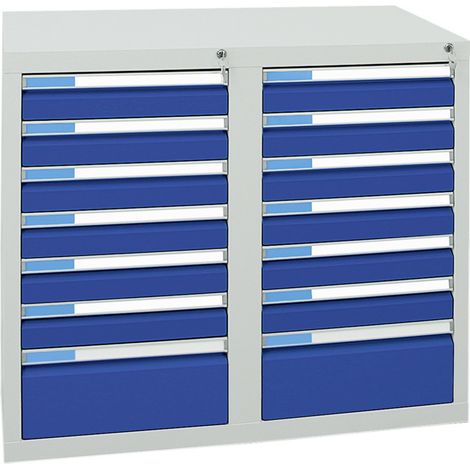 Stumpf Schubladenschrank Serie ESTA, 14 Schubladen enzianblau (12x100, 2x200mm) (1/2)