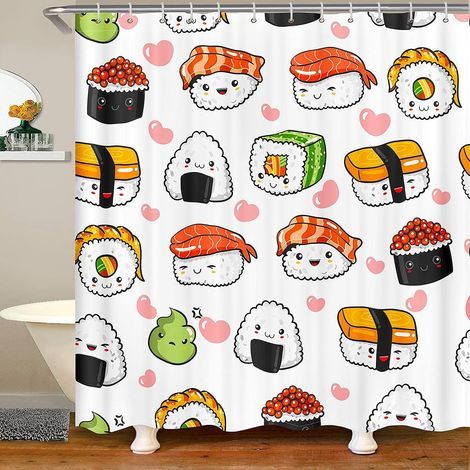 Tenda da doccia a forma di sushi, carina e graziosa, per bambini e bambine. Tenda da bagno decorativa in stile kawaii giapponese con simpatici sushi e un cuore rosa. (1/3)