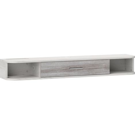 Wandmontiertes TV-Möbel mit 2 offenen Regalfächern und einem Klappschrank, TV-Ständer aus Holz, 120 x 26 x 16 cm, weiß und grau