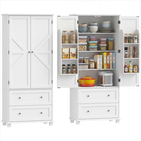 Buffet haut en MDF blanc, 2 portes et 2 tiroirs, rangement optimisé avec porte-racks, cuisine, 80x39,5x184,5 cm (1/5)
