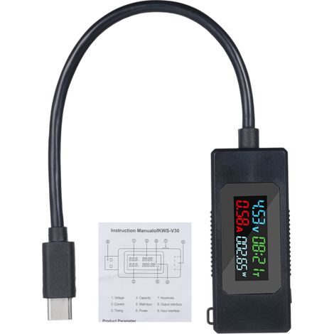 Comprobador de voltaje y corriente USB-C de 4-30 V, 0-6,5 A, 195 W con pantalla LCD a color. (1/5)