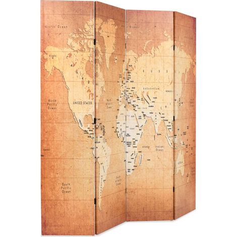 Divisorio Ambienti Divider per stanze Paravento Pieghevole 160x170 cm Stampa Mappa del Mondo Giallo (1/3)
