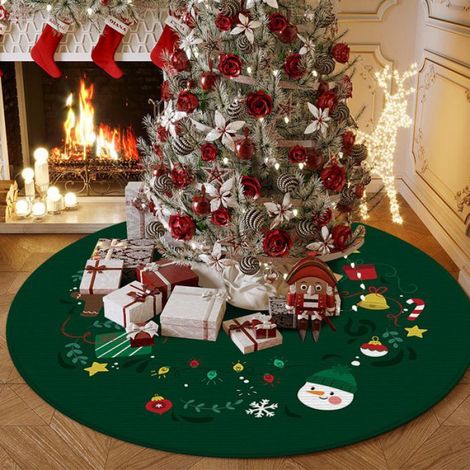 Jupe de Sapin Noël 120cm Couvre Pied Ronde - Tapis avec Motif Flocon de Neige et Éléments Classiques pour Décorations d'Arbre, E (1/4)