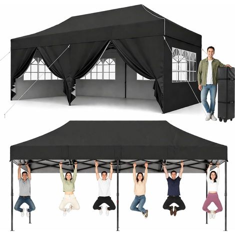 Aoxun Pop Up Gazebo 3m x 6m with Sides, Waterproof Outdoor Canopy with Wheeled Carrybag,4 Weight Bags, 12 Stakes and 6 Ropes, Heavy Duty Instant Shelter for Garden Party BBQ, Black (1/5)