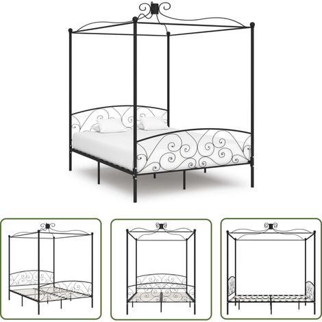 The Living Store Himmelbett-Gestell Schwarz Metall 160 x 200 cm - Himmelbett Gestell - Doppelbett Rahmen - Metall Bettgestell - Schwarzer Bettgestell - Bettrahmen Mit Lattenrost (1/5)