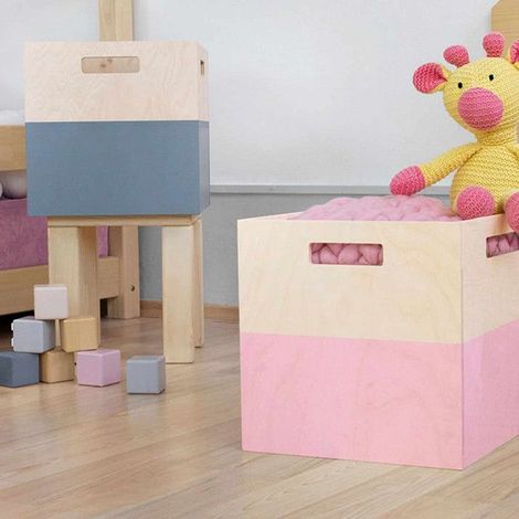 Boîte de rangement bois modèle 1 - poignées - Rose et bois naturel - 33 x 33 x 37 cm (1/4)