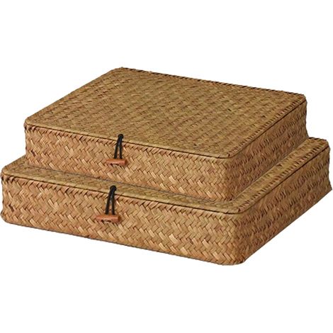 Panier De Rangement En Rotin - Avec Couvercle - Rectangulaire - 32x28x7 cm Et 28x24x6 cm - Pour Chambre Salle De Bain Cuisine Bureau - Lot De 2